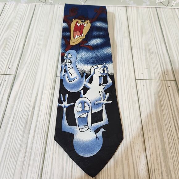 Vintage Looney Tunes Mania Blue Tasmanian Devil Ghost Halloween 1996 Men's Tie - Picture 1 of 6